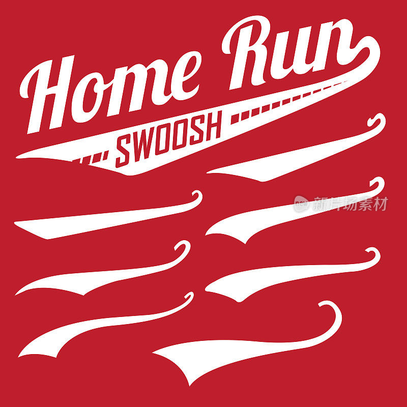 矢量Swooshes, swish, Whooshes，和Swashes for Typography上复古或复古棒球尾巴t恤
